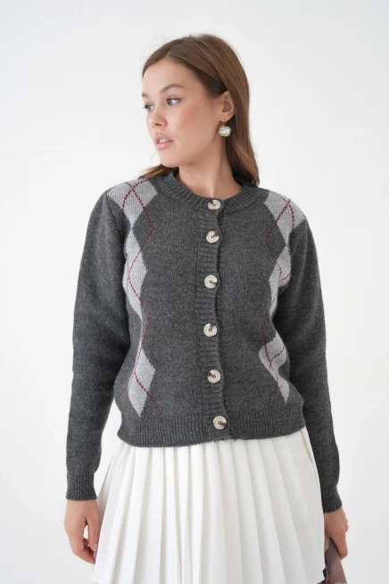 Kadın Antrasit Bisiklet Yaka Düğme Detay Desenli Triko Hırka