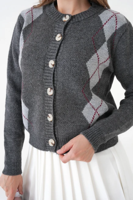 Kadın Antrasit Bisiklet Yaka Düğme Detay Desenli Triko Hırka