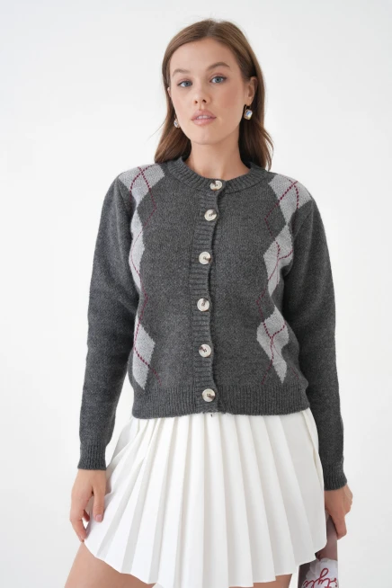 Kadın Antrasit Bisiklet Yaka Düğme Detay Desenli Triko Hırka