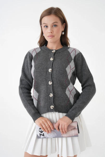 Kadın Antrasit Bisiklet Yaka Düğme Detay Desenli Triko Hırka