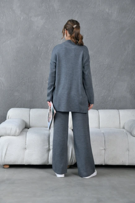 Kadın Antrasit Dik Yaka Yırtmaçlı Kazak Pantolon Triko Alt-Üst Takım