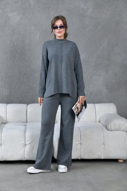 Kadın Antrasit Dik Yaka Yırtmaçlı Kazak Pantolon Triko Alt-Üst Takım