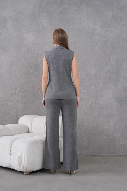 kadın antrasit gömlek yaka düğmeli yelek palazzo pantolon triko alt-üst takım 12243