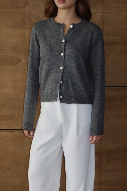 Kadın Antrasit İnci Düğmeli Yumuşak Dokulu Bisiklet Yaka Triko Hırka