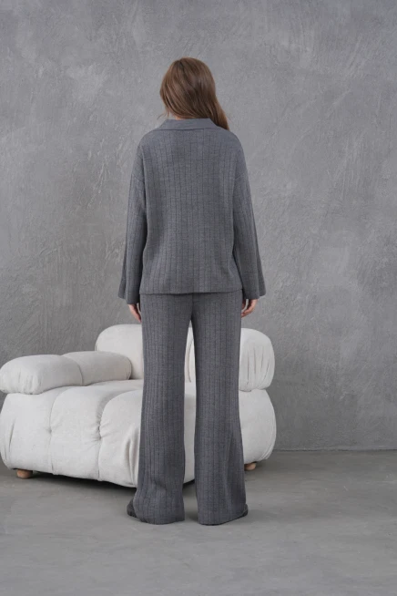 Kadın Antrasit Kendinden Dokulu Düğmeli Kazak Pantolon Triko Alt-Üst Takım
