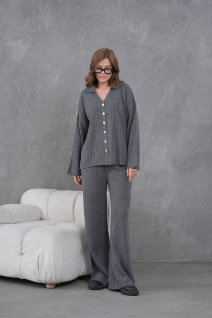 Kadın Antrasit Kendinden Dokulu Düğmeli Kazak Pantolon Triko Alt-Üst Takım