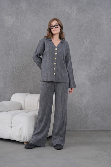 Kadın Antrasit Kendinden Dokulu Düğmeli Kazak Pantolon Triko Alt-Üst Takım