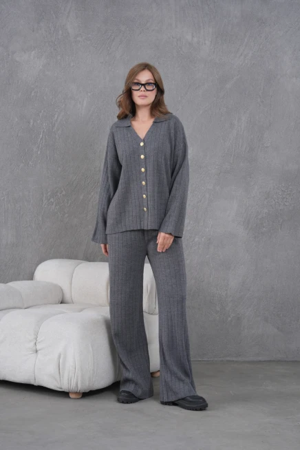 Kadın Antrasit Kendinden Dokulu Düğmeli Kazak Pantolon Triko Alt-Üst Takım