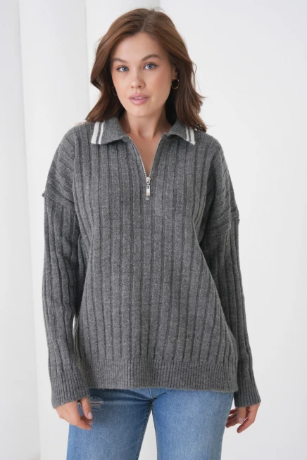 Kadın Antrasit Polo Yaka Fermuarlı Oversize Triko Kazak