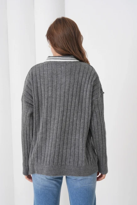 Kadın Antrasit Polo Yaka Fermuarlı Oversize Triko Kazak