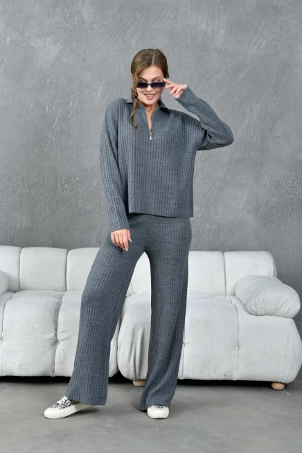 Kadın Antrasit Polo Yaka Oversize Kazak Pantolon Triko Alt-Üst Takım