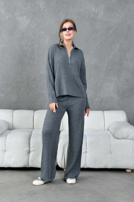 Kadın Antrasit Polo Yaka Oversize Kazak Pantolon Triko Alt-Üst Takım