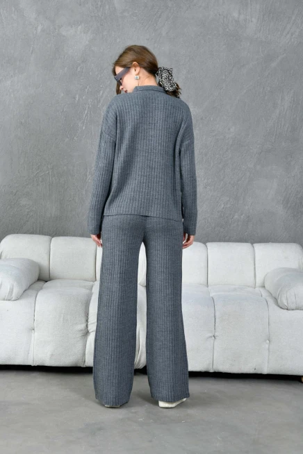 Kadın Antrasit Polo Yaka Oversize Kazak Pantolon Triko Alt-Üst Takım