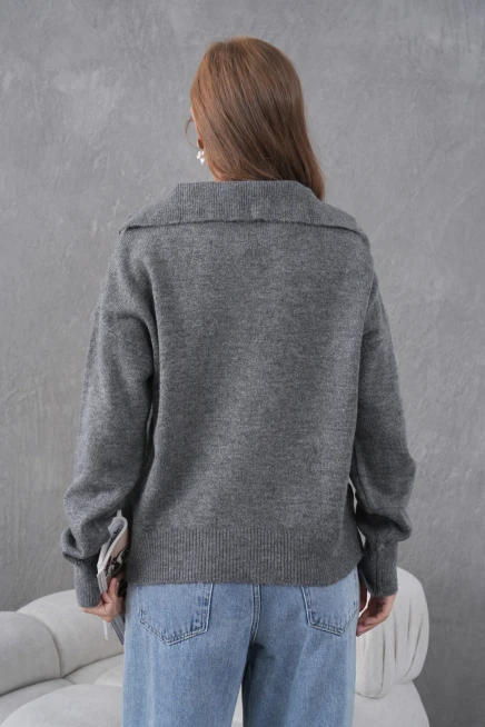 kadın antrasit polo yaka oversize yarım pat yumuşak dokulu triko kazak 8585sw