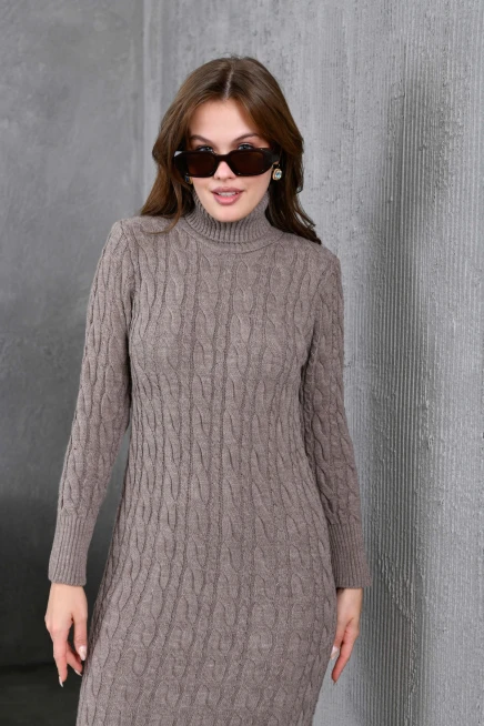 Kadın Balıkçı Yaka Örgü Detay Kışlık Triko Kelbise