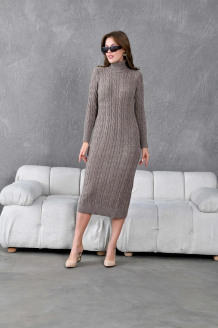 Kadın Balıkçı Yaka Örgü Detay Kışlık Triko Kelbise