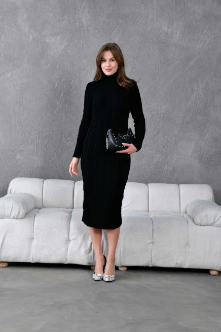 Kadın Balıkçı Yaka Örgü Detay Kışlık Triko Kelbise