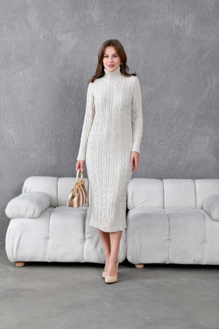 Kadın Balıkçı Yaka Örgü Detay Kışlık Triko Kelbise