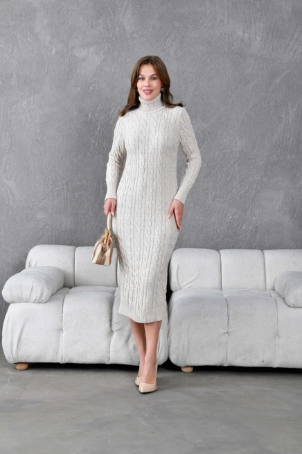 Kadın Balıkçı Yaka Örgü Detay Kışlık Triko Kelbise