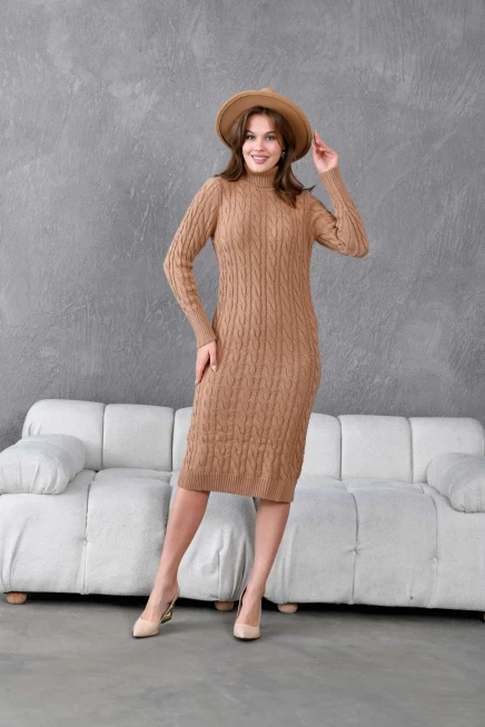 Kadın Balıkçı Yaka Örgü Detay Kışlık Triko Kelbise