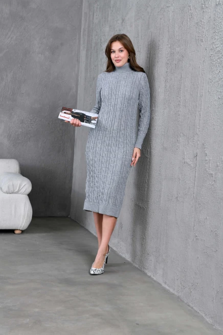 Kadın Balıkçı Yaka Örgü Detay Kışlık Triko Kelbise