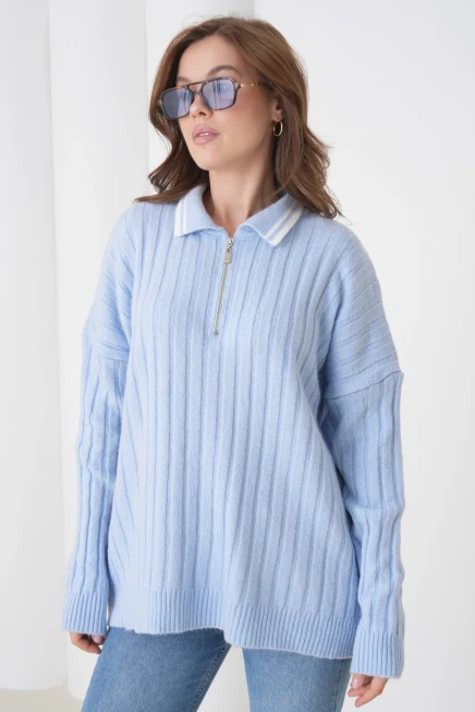 Kadın Bebe Mavi Polo Yaka Fermuarlı Oversize Triko Kazak