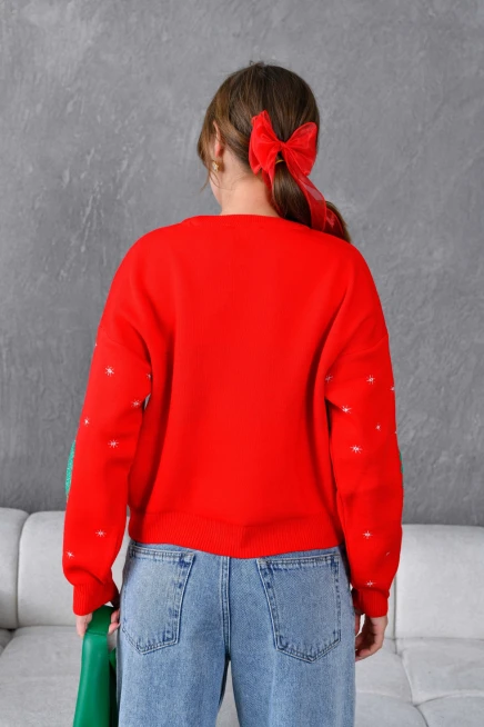 Kadın Bisiklet Yaka Desenli Simli Salaş Triko Kazak