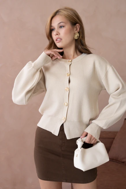 Kadın Bisiklet Yaka Düğme Detaylı Triko Hırka