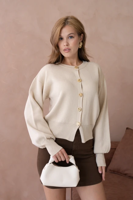 Kadın Bisiklet Yaka Düğme Detaylı Triko Hırka