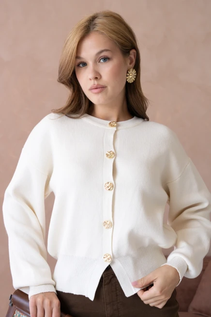 Kadın Bisiklet Yaka Düğme Detaylı Triko Hırka