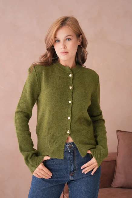 Kadın Bisiklet Yaka Düğme Detaylı Triko Hırka