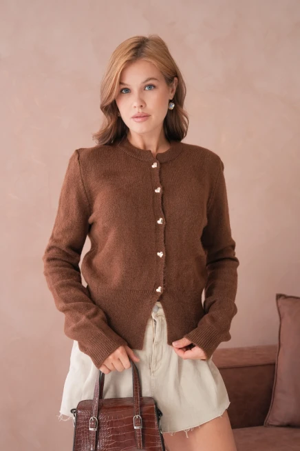 Kadın Bisiklet Yaka Düğme Detaylı Triko Hırka