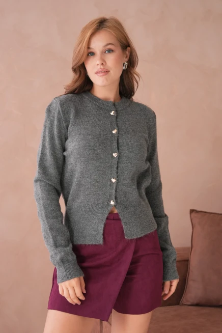 Kadın Bisiklet Yaka Düğme Detaylı Triko Hırka