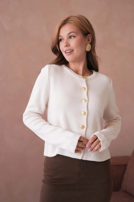 Kadın Bisiklet Yaka Düğme Detaylı Triko Hırka