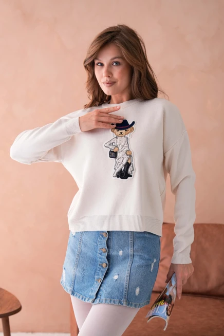 Kadın Bisiklet Yaka Nakış Deaty Triko Kazak