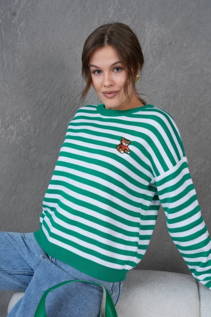 Kadın Bisiklet Yaka Nakış Detay Çizgili Oversize Triko Kazak