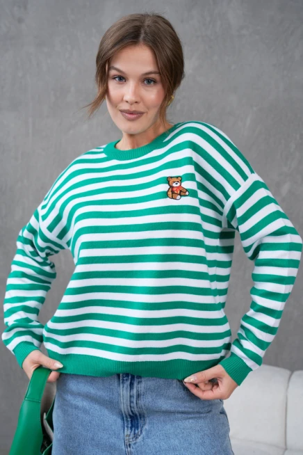 Kadın Bisiklet Yaka Nakış Detay Çizgili Oversize Triko Kazak