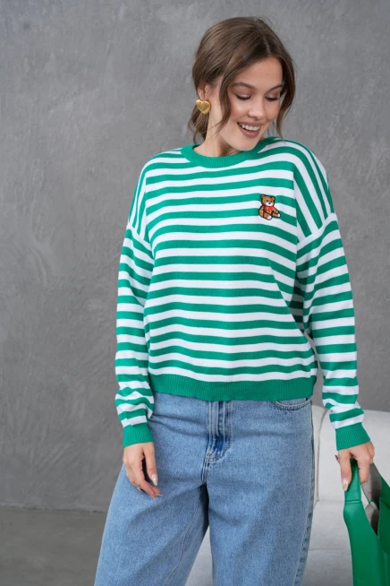 Kadın Bisiklet Yaka Nakış Detay Çizgili Oversize Triko Kazak