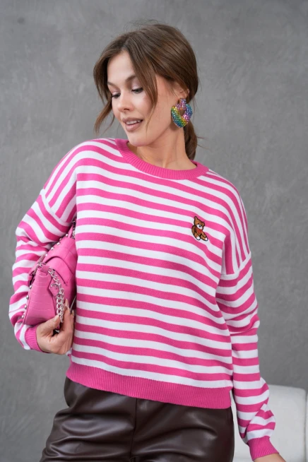 Kadın Bisiklet Yaka Nakış Detay Çizgili Oversize Triko Kazak