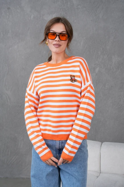 Kadın Bisiklet Yaka Nakış Detay Çizgili Oversize Triko Kazak