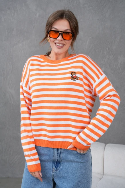 Kadın Bisiklet Yaka Nakış Detay Çizgili Oversize Triko Kazak
