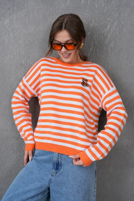 Kadın Bisiklet Yaka Nakış Detay Çizgili Oversize Triko Kazak