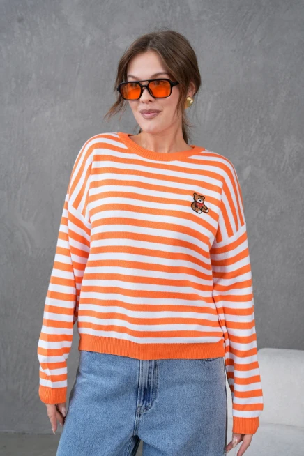 Kadın Bisiklet Yaka Nakış Detay Çizgili Oversize Triko Kazak