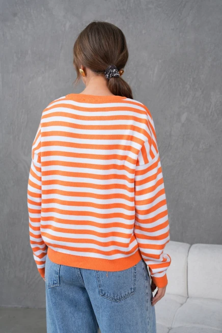 Kadın Bisiklet Yaka Nakış Detay Çizgili Oversize Triko Kazak