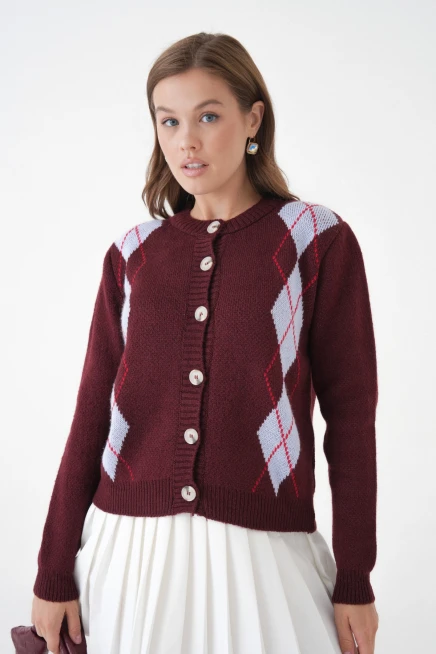 Kadın Bordo Bisiklet Yaka Düğme Detay Desenli Triko Hırka