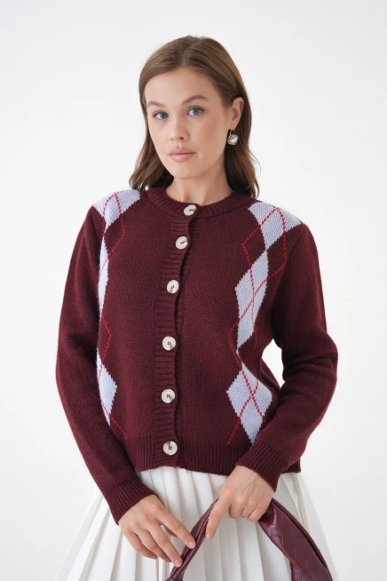 Kadın Bordo Bisiklet Yaka Düğme Detay Desenli Triko Hırka