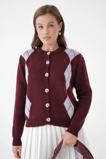 Kadın Bordo Bisiklet Yaka Düğme Detay Desenli Triko Hırka