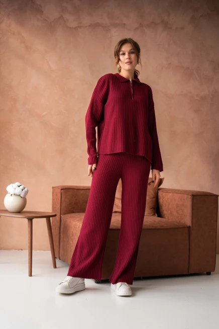 Kadın Bordo Polo Yaka Oversize Kazak Pantolon Triko Alt-Üst Takım