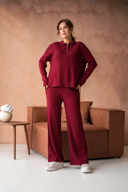 Kadın Bordo Polo Yaka Oversize Kazak Pantolon Triko Alt-Üst Takım