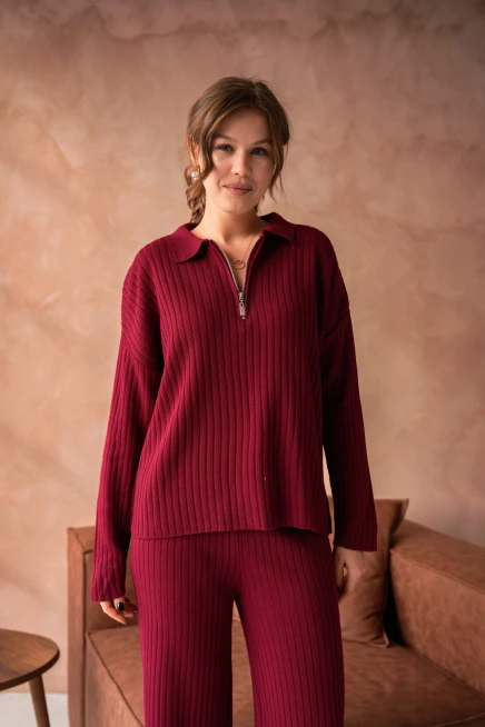 Kadın Bordo Polo Yaka Oversize Kazak Pantolon Triko Alt-Üst Takım